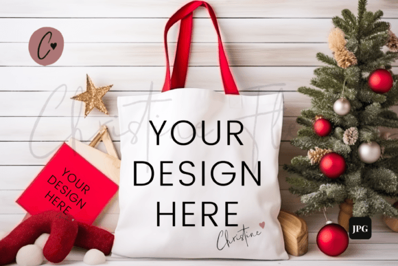 Christmas Tote Mockup with Red Handle Graphics Christmas Amp