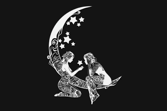 Two Women on Moon Mandala Drawing 78 Graphics and Laser Engraving